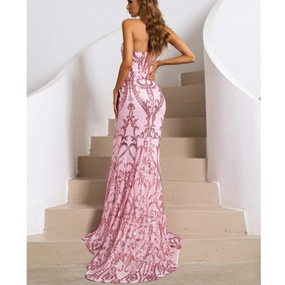 Formal Sequin detail Maxi Dress with train Pink - Picture 3 of 15